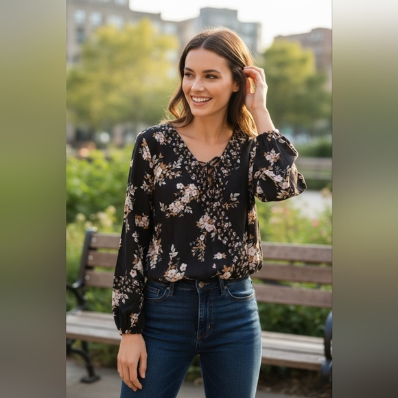 About A Girl Tops - Black Floral Long Sleeve Blouse
